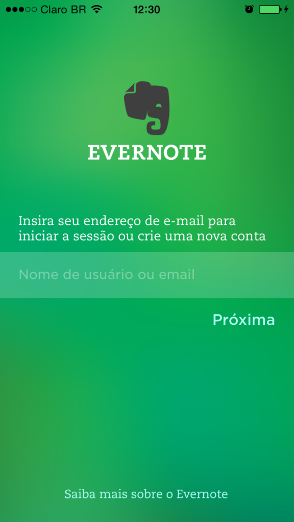 Tela inicial do Evernote para iPhone.